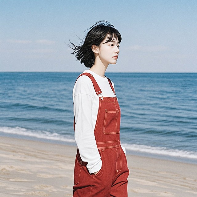 旅行女生，在海边，短头发，穿红色的背带裤，白色长袖打底