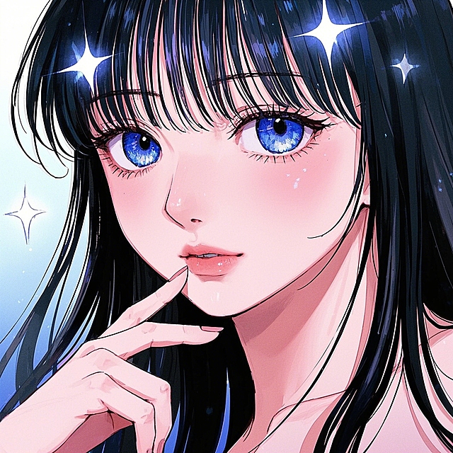 梦幻感十足的插画风少女，蓝眸闪烁星光，水彩晕染与粒子光效交织，营造出甜蜜柔和的动漫美学。