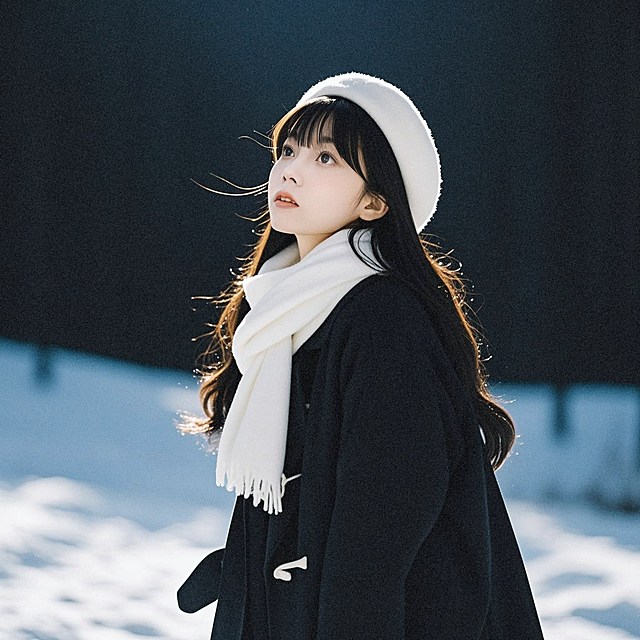 女生，黑色长发，白色围巾，白色帽子，黑色风衣，雪地，眼部大特写