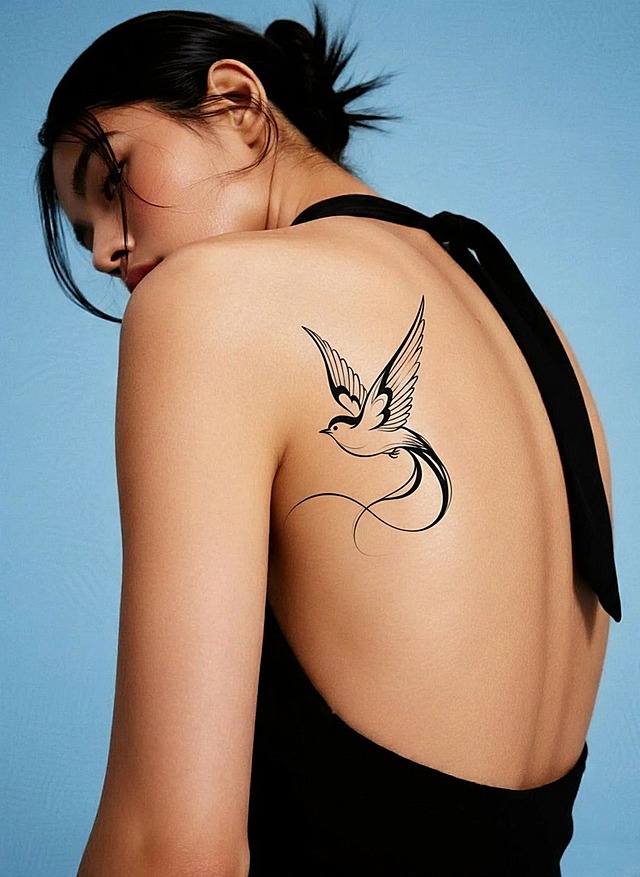 将图1中的图案以刺青的形式纹在图2模特的背部偏上的位置，贴合皮肤