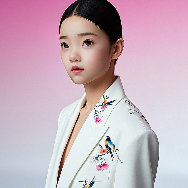 一个女生，正面，花鸟图案白色西服，粉白渐变背景