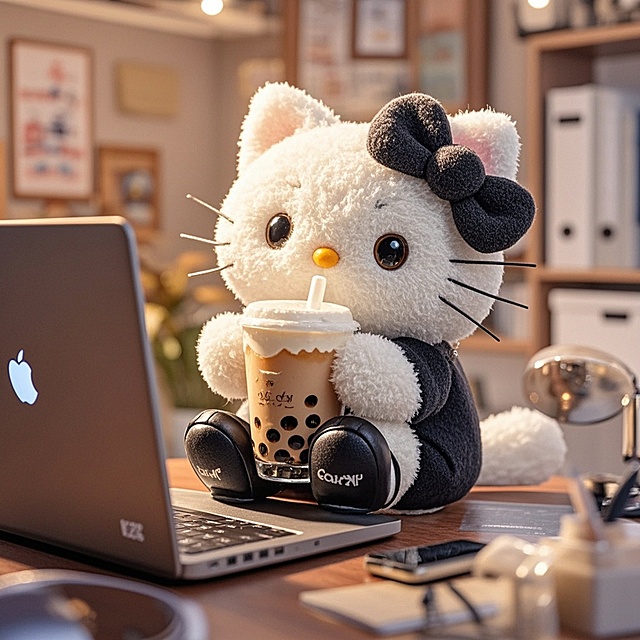 Kitty猫拿着奶茶打工