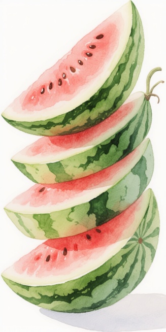 手绘水彩风格西瓜图片，斜切西瓜切片纵向堆叠，底部3-4片完整切片，顶部点缀带籽果肉特写，右侧装饰绿色瓜皮，柔和色彩渐变，笔触纹理，夏日氛围预览效果