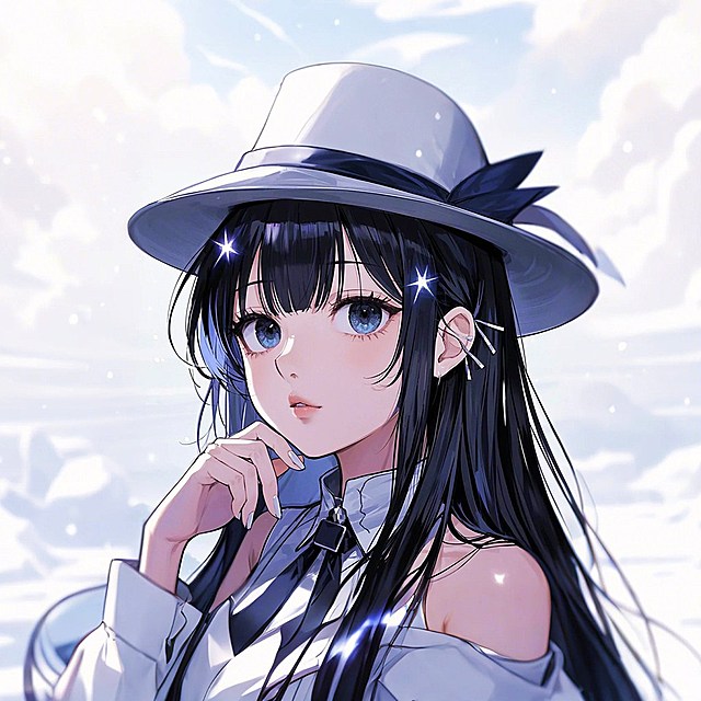 人物，肌肤胜雪，头发如瀑布般垂落，黑亮如夜，闪烁着星辰般的光泽，一只手放在下巴下边，倾城绝色，动漫cos