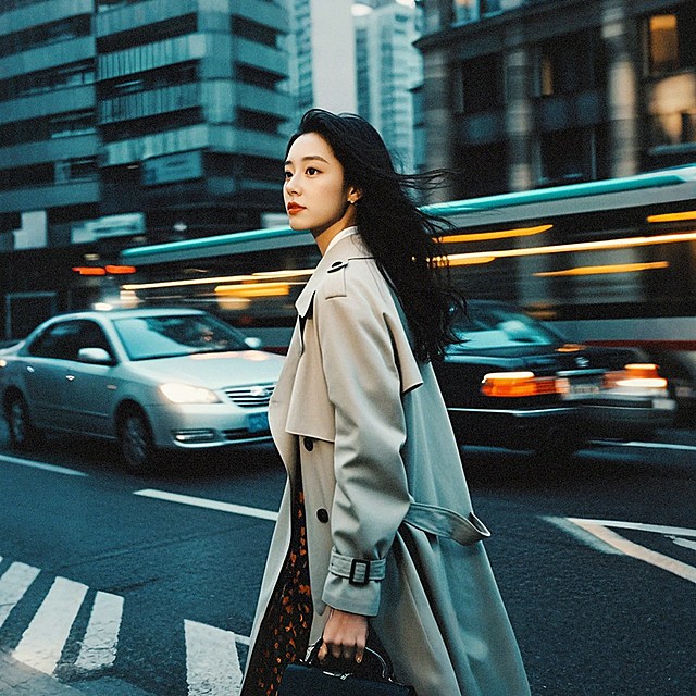 女主角在城市街边漫步，风衣，车辆快速驶过的光迹，速度感