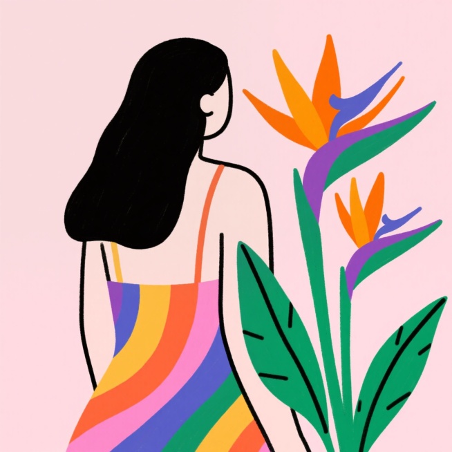 一位身穿五颜六色的吊带裙、长发披肩的女性背影，她身旁有两株色彩鲜艳的鹤望兰，花朵呈现出橙色和紫色，叶片为绿色，背景是柔和的浅粉色，整体画面具有清新、自然的插画风格。预览效果