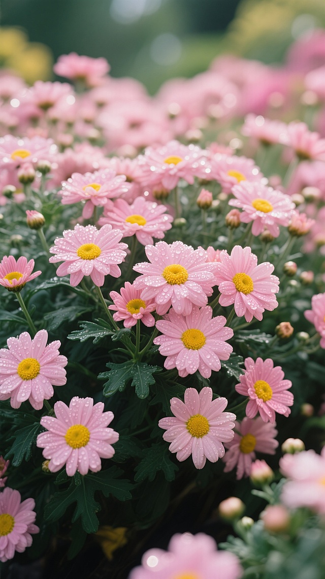 特写镜头，在一片被清晨露珠亲吻的静谧花园深处，一丛从粉嫩如少女脸颊的雏菊紧密相拥，每一片花瓣都似细腻的丝绸，在柔和的自然光下闪烁着微光，明亮如暖阳的黄色花心，如同夜空中的繁星，在层层叠叠的花瓣中闪耀。深绿色的叶片如同忠诚的卫士，簇拥着花朵，与粉色的花海形成鲜明而和谐的对比。花朵错落有致，层次分明，构成了一幅饱满而生动的自然画卷，整体色调为清新的粉绿搭配，辅以暖黄色的点缀，洋溢着蓬勃的生机与自然之美。