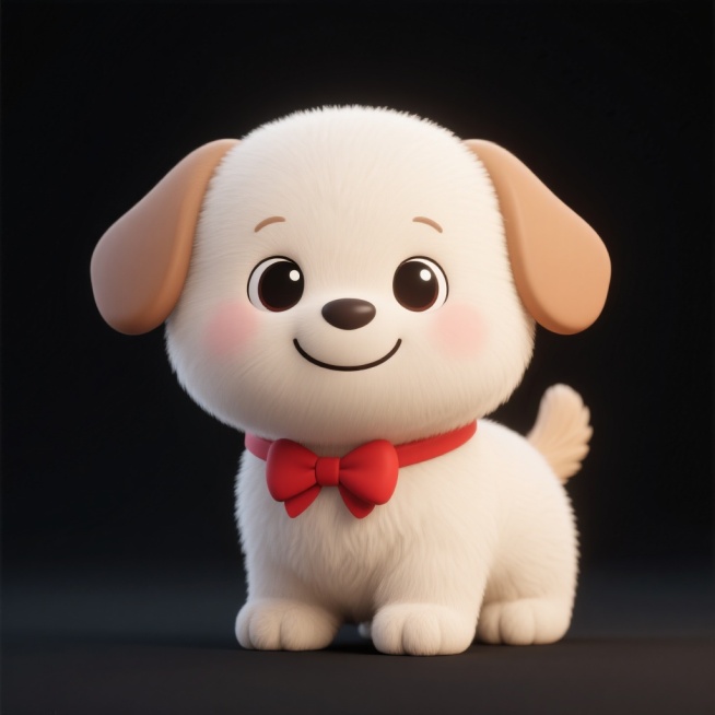现代卡通风格，一只圆润可爱的Q版小狗，头部与身体比例1:1.5，四肢粗短，米白色毛发，耳朵和尾巴为浅棕色，眼睛圆润有神带高光，嘴巴微笑弧线，鼻子小巧，戴着红色蝴蝶结项圈，背景为纯黑色，居中构图，画面简预览效果