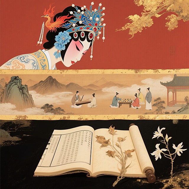 全景卷轴构图，画面顶部是一位身着云纹戏服的京剧旦角侧脸特写，她的点翠凤冠上垂落着珍珠流苏，蓝色绢花与红宝石在发髻间交相辉映，额间一抹朱砂花钿如火焰般燃烧，细长的凤眼微闭仿佛在聆听千年古韵。中景是一幅悬浮的水墨长卷，淡赭石色山峦间，几位身着唐宋服饰的文人雅士或抚琴或弈棋，云雾缭绕中露出一角飞檐亭榭，色彩以石青、藤黄、胭脂红为主，笔触时而工细时而泼洒。画面底部是一本摊开的线装古籍，泛黄的宣纸上用蝇头小楷记载着戏曲唱本，书页间夹着几片干枯的兰花，墨香与花香在空气中交融，整体色调呈现出故宫红墙与宣纸黄的典雅碰撞，细节处可见斑驳的金粉勾勒。