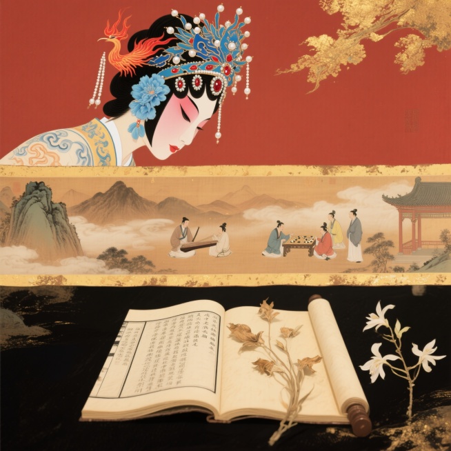 全景卷轴构图，画面顶部是一位身着云纹戏服的京剧旦角侧脸特写，她的点翠凤冠上垂落着珍珠流苏，蓝色绢花与红宝石在发髻间交相辉映，额间一抹朱砂花钿如火焰般燃烧，细长的凤眼微闭仿佛在聆听千年古韵。中景是一幅悬浮的水墨长卷，淡赭石色山峦间，几位身着唐宋服饰的文人雅士或抚琴或弈棋，云雾缭绕中露出一角飞檐亭榭，色彩以石青、藤黄、胭脂红为主，笔触时而工细时而泼洒。画面底部是一本摊开的线装古籍，泛黄的宣纸上用蝇……预览效果