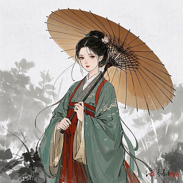 汉服少女，撑着油纸伞
