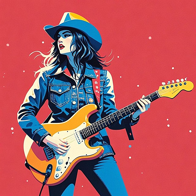 摇滚少女弹吉他，纯色背景