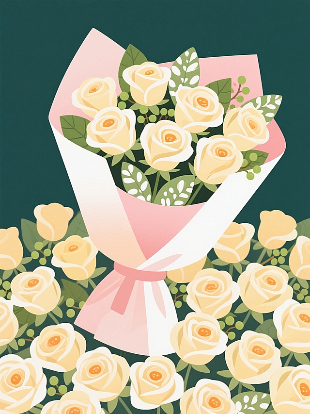 一束用浅粉色和白色渐变包装纸包裹的淡黄色玫瑰花束，花束下方是密集排列的淡黄色玫瑰，花瓣边缘微微卷曲，花心呈现柔和的橙黄色，周围环绕着带有白色斑纹的绿色叶子和细小的绿色浆果，整体画面色调柔和，营造出温馨浪漫的氛围。