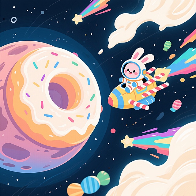 巨大的甜甜圈漂浮在太空中，像一颗星球，表面的糖霜形成环形山纹理，一位戴着甜甜圈形状头盔的兔子宇航员，乘坐由糖棍制成的飞船遨游，周围有彩色的糖果流星划过，奶油状的星云在背景中弥漫，整体画面色彩明快梦幻，充满超萌的太空冒险氛围