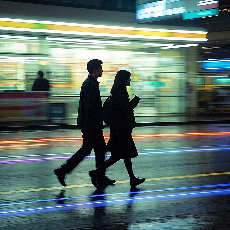 街头，情侣匆匆走过，动态模糊