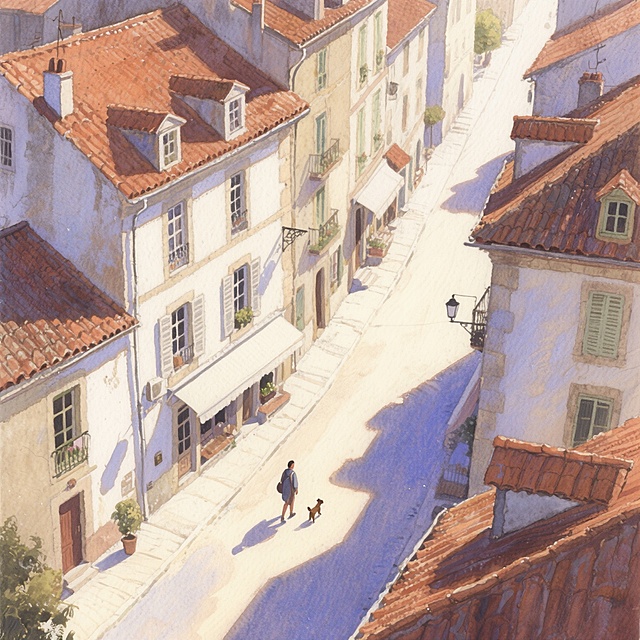 水彩风格描绘的欧洲小镇街景，以赭石色屋顶和米白色墙面的建筑为主，阳光斜照形成明暗对比的光影效果，笔触轻盈透明，色彩晕染自然，街道上有行人和一只小狗，整体氛围宁静而富有生活气息，构图采用俯瞰视角展现纵深街道，建筑细节丰富，光影层次分明，色调温暖和谐。