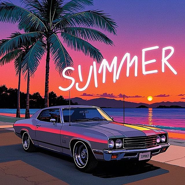 汽车，落日，棕榈树，手写英文“summer”