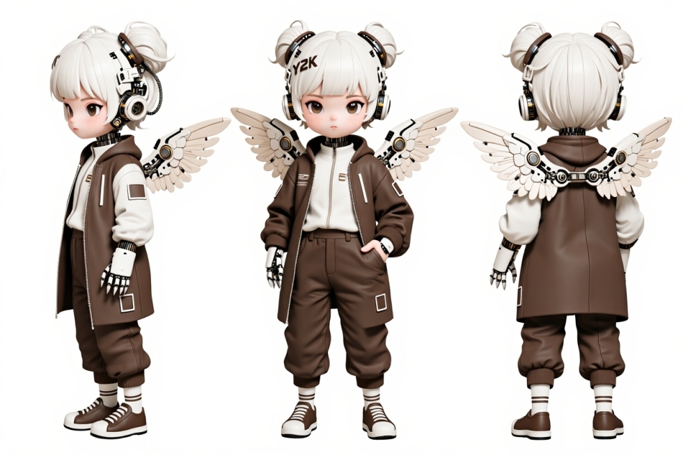 为我的咖啡品牌"Coffee Free"设计品牌IP形象，以猫咪为主体，猫咪以咖色和白色为主，拥有机械风装饰与Y2K配件，性格酷拽、略带傲娇感，适合Z世代年轻人喜好预览效果