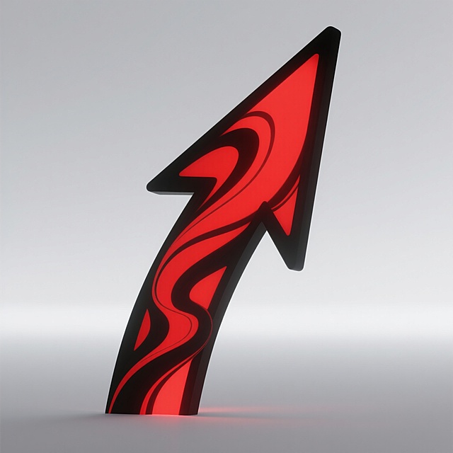 中景镜头，在一片被无尽的纯白所笼罩、宛如混沌初开般寂静的空间里，一支巨大的、线条灵动如游龙般流畅的红色箭头赫然矗立，它的边缘被深邃如夜的黑色精准勾勒，仿佛是命运之笔的点睛之触。箭头散发着炽热而夺目的光芒，如同穿越黑暗的希望之光，毫不含糊地指向未知的远方，背景的纯净白色一尘不染，没有丝毫杂质，衬托得箭头更加鲜明突出，将方向指引的信息以一种震撼而直接的方式传递出来，色调是热烈的正红色与纯粹的白色的强烈对比。