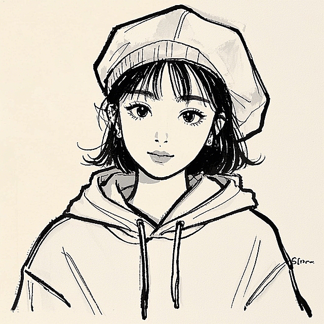清新插画风，漫画手法描绘戴帽少女，简约线条展现青春活力。