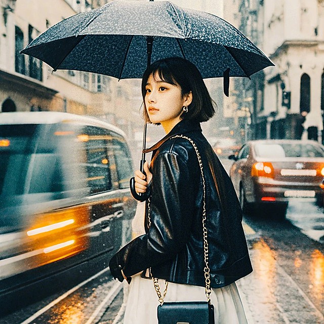 一个女生，撑伞，香港街道，雨天