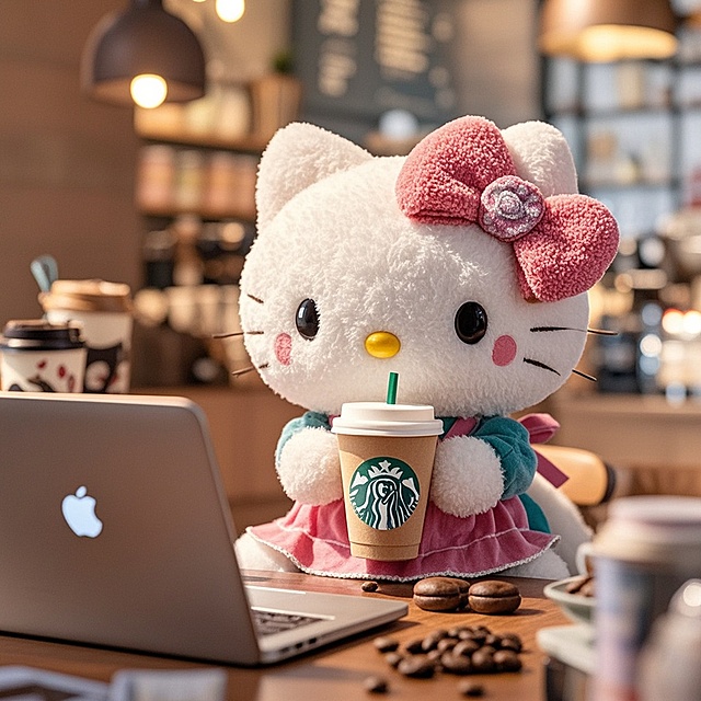 可爱卡通拟人风，萌猫享受咖啡时光，温馨场景设计。