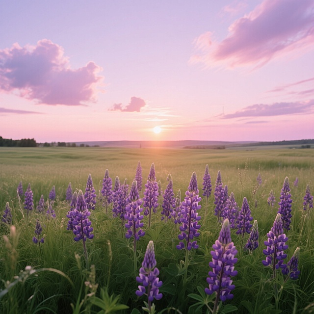 在广阔的原野上，夕阳西下，天空被染成了柔和的粉紫色，几朵云彩点缀其间。前景中，大片的紫色鲁冰花在绿色的草丛中绽放，花朵在夕阳的余晖下显得格外鲜艳。
