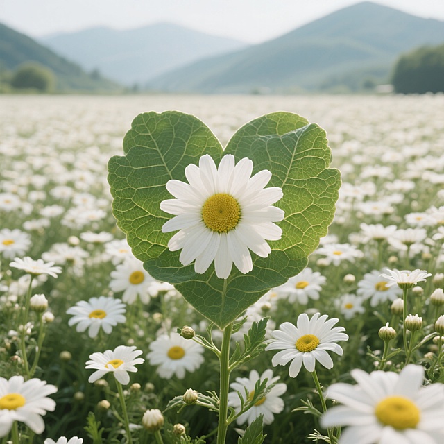 雏菊花海场景，特写镜头聚焦雏菊，花瓣纹理、叶片脉络清晰可见。有一个心形框置于花海中。大面积雏菊组成的花海，白色花朵与绿色枝叶相间，色调柔和。远景有朦胧山景。整体呈现自然清新氛围，细节丰富。