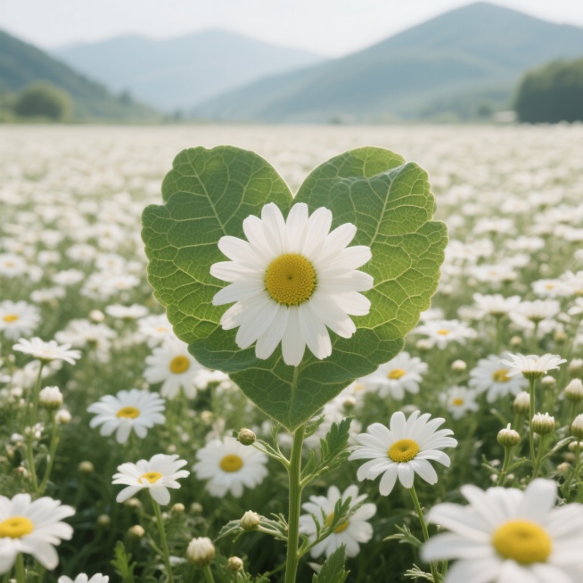 雏菊花海场景，特写镜头聚焦雏菊，花瓣纹理、叶片脉络清晰可见。有一个心形框置于花海中。大面积雏菊组成的花海，白色花朵与绿色枝叶相间，色调柔和。远景有朦胧山景。整体呈现自然清新氛围，细节丰富。 预览效果