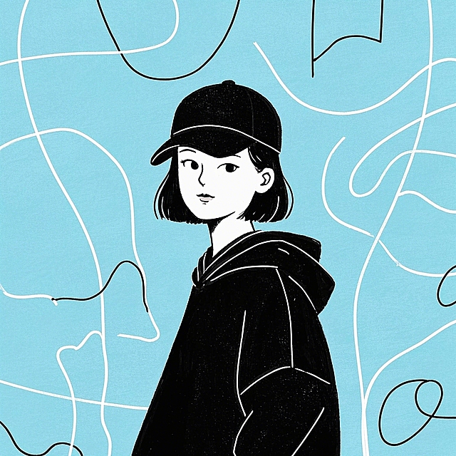 一个戴着帽子的女生，穿卫衣，背景为浅蓝色
