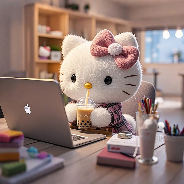 Kitty猫拿着奶茶打工