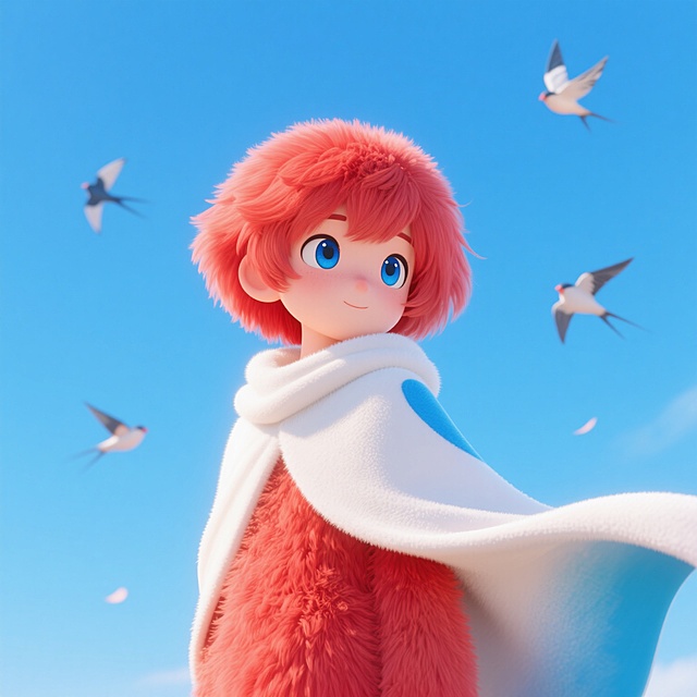 动漫风格，画面主体是一位红发蓝眼的人物，身着白色披风，披风上有蓝色渐变装饰，背景是晴朗的蓝天，有几只飞鸟点缀，整体氛围清新自然。
