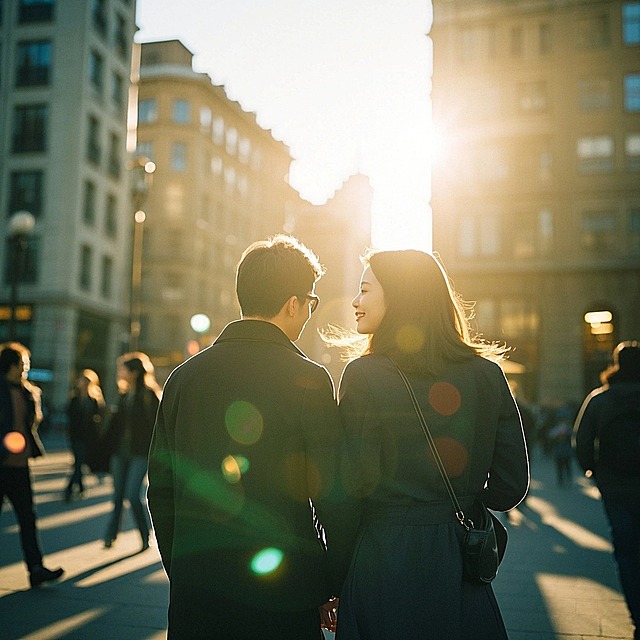 街头，情侣匆匆走过，动态模糊