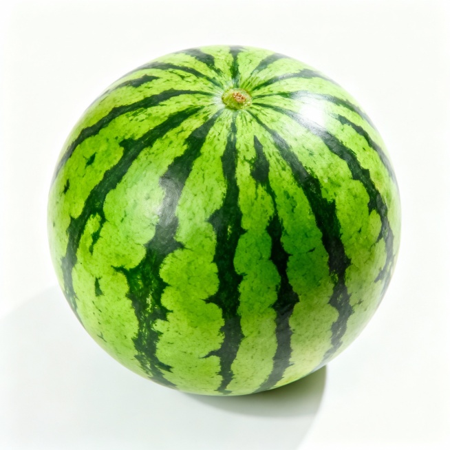 一个完整的西瓜，绿色的外皮带有深色的条纹，表面光滑，放在白色的背景上，光线明亮，色彩鲜艳，高清细节预览效果