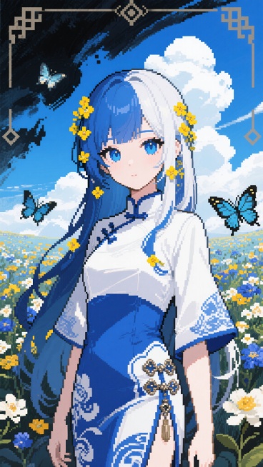 以水墨风格呈现，身着蓝白相间中式传统服饰的动漫少女，蓝白长发点缀黄色小花，面容精致，蓝眸明亮，背景是写意的蓝天白云下花海与蝴蝶，墨色晕染，意境悠远。

以像素艺术风格展现，身着蓝白相间中式传统服饰的动漫少女，蓝白长发点缀黄色小花，面容精致，蓝眸明亮，背景是由像素构成的蓝天白云下花海与蝴蝶，色彩鲜明，充满复古感。

以哥特风格塑造，身着蓝白相间中式传统服饰的动漫少女，蓝白长发点缀黄色小花，面容精……预览效果