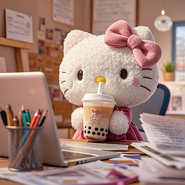 Kitty猫拿着奶茶打工