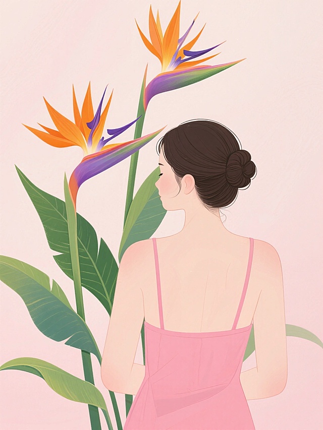 一位身穿粉色吊带裙、头发盘起的女性背影，她身旁有两株色彩鲜艳的鹤望兰，花朵呈现出橙色和紫色，叶片为绿色，背景是柔和的浅粉色，整体画面具有清新、自然的插画风格。