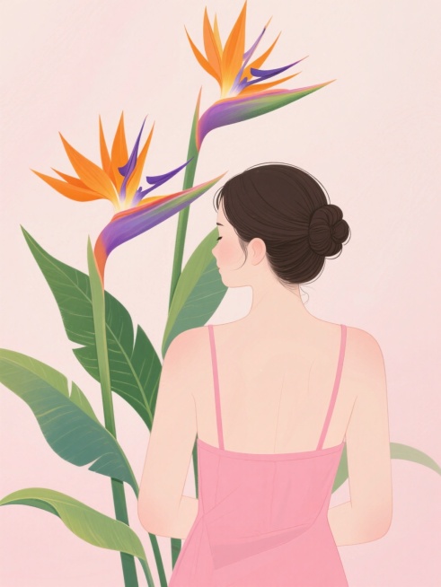 一位身穿粉色吊带裙、头发盘起的女性背影，她身旁有两株色彩鲜艳的鹤望兰，花朵呈现出橙色和紫色，叶片为绿色，背景是柔和的浅粉色，整体画面具有清新、自然的插画风格。预览效果