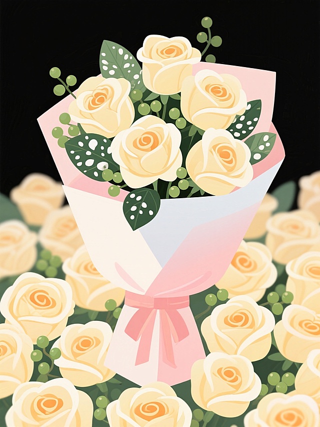一束用浅粉色和白色渐变包装纸包裹的淡黄色玫瑰花束，花束下方是密集排列的淡黄色玫瑰，花瓣边缘微微卷曲，花心呈现柔和的橙黄色，周围环绕着带有白色斑纹的绿色叶子和细小的绿色浆果，整体画面色调柔和，营造出温馨浪漫的氛围。