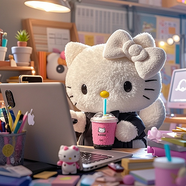 Kitty猫拿着奶茶打工