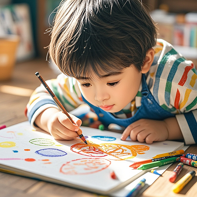 温馨可爱的涂鸦风手账画面，蜡笔色彩斑斓，孩子专注绘画，充满童趣与节日欢愉。