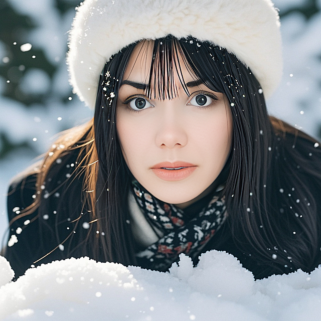 女生，黑色长发，白色围巾，白色帽子，黑色风衣，雪地，眼部大特写