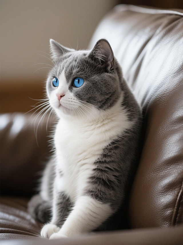 一只灰白相间的英国短毛猫，蓝色眼睛，靠在皮质沙发背景前，转头看向侧面，光线柔和，突出猫的毛发纹理和表情细节。