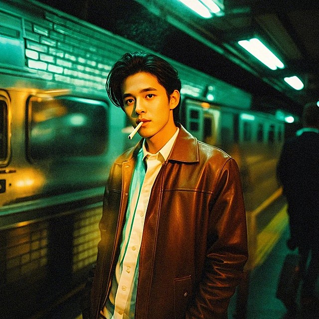 一个男生，棕色皮衣，痞帅，白色衬衫，地下地铁，绿色灯光，伦勃朗光