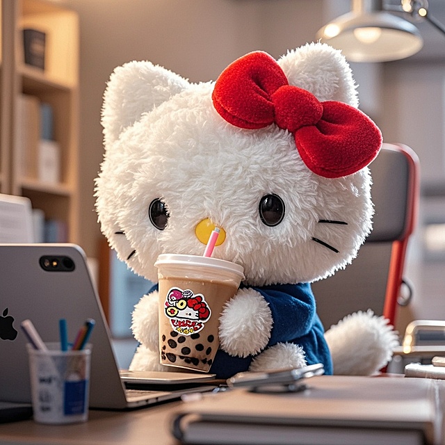 Kitty猫拿着奶茶打工