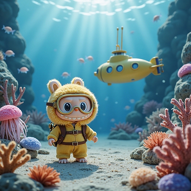 软3D风卡通角色潜游海底，毛发生长质感与梦幻光影交织，清透水下世界充满可爱感与虚拟自然之美，黄色潜水艇点缀童趣氛围。