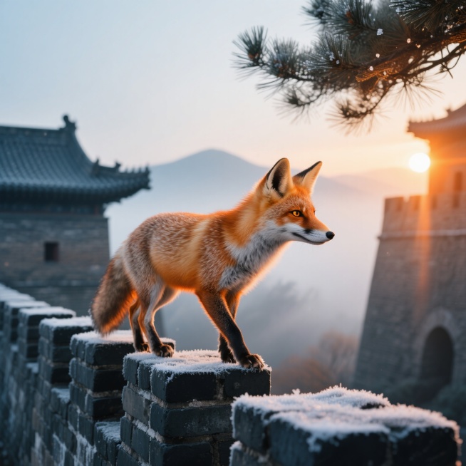 长焦特写，一只覆盖着赤金色鬃毛的成年狐狸，正轻盈地单爪踏在覆着薄霜的青灰色古城墙垛上，它那双琥珀色的竖瞳警惕地锁定远方，尖耳微微前倾捕捉风的动静。晨雾在黛色城砖间流动，初升的朝阳从左侧城楼斜射而下，为狐狸的轮廓和斑驳的砖缝勾勒出炽热的橘红金边，背景是渐次苏醒的黛瓦飞檐与朦胧的远山剪影，空气中漂浮着松针与晨露的微粒子，色调是冷冽的青灰与火焰橙的戏剧性碰撞，呈现出8K超写实摄影质感。预览效果