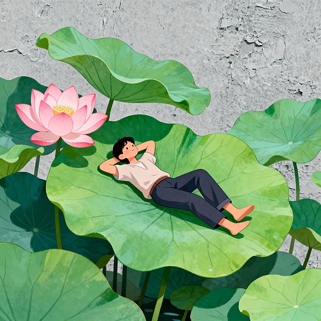 处暑节气主题插画，画面主体为一个穿着上衣和裤子的人物，悠闲地躺在巨大的绿色荷叶上，周围环绕着更多荷叶和一朵盛开的粉色荷花，背景为灰色粗糙质感，整体风格清新自然，充满夏日氛围。