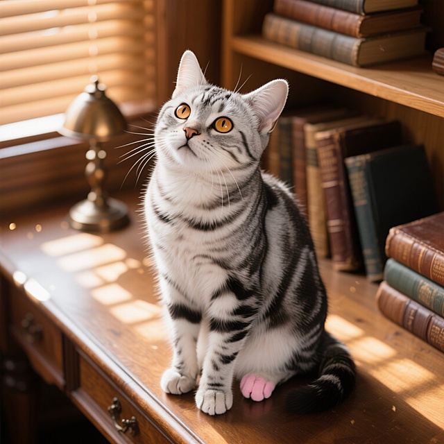 俯视角特写，一只银灰色虎斑纹美国短毛猫正以优雅的坐姿端坐在复古橡木书桌上，它蓬松柔软的毛发在午后斜射的阳光中泛着珍珠般的光泽，黑色条纹如同手绘般清晰地勾勒出脊背的轮廓。琥珀色的圆形眼睛好奇地向上仰望，瞳孔因光线而微微收缩成漂亮的枣核状，耳朵警觉地向前竖起，顶端覆盖着细腻的绒毛。前爪并拢在胸前，粉色肉垫半藏在雪白的爪毛中，细长的胡须随着轻微的呼吸微微颤动。背景是温暖的浅棕色木质书架，上面散落着几本皮质封面的旧书和一个铜制台灯，阳光透过百叶窗在猫身上投下斑驳的光影，空气中漂浮着细微的金色尘埃，整体画面散发着沉静而温暖的书香气息，8K超高清细节捕捉每一根毛发的质感与光泽变化。