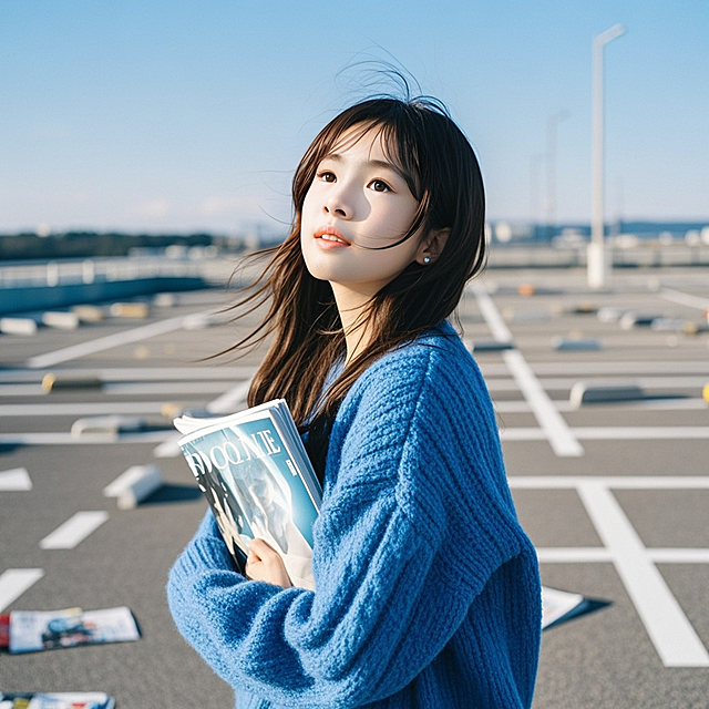 抱着杂志的女生，蓝色毛衣，停车场，蓝天